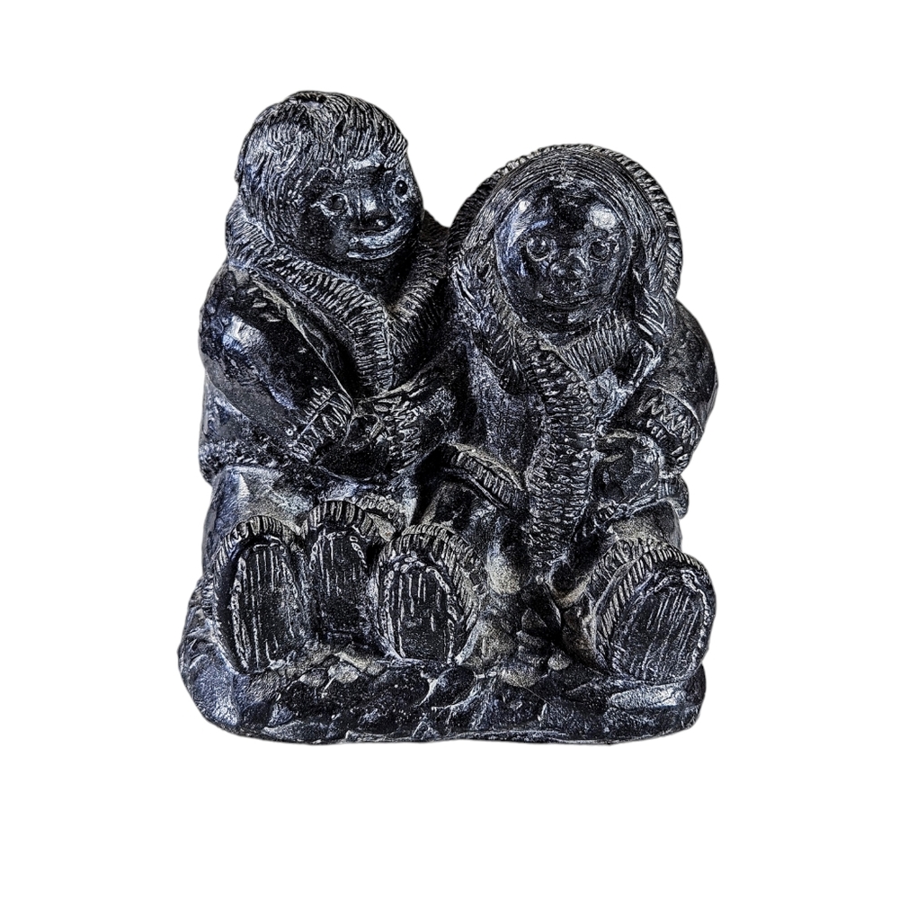 Vintage A Wolf Original Ethnic Eskimo Couple Sculpture Onyx Black Stone